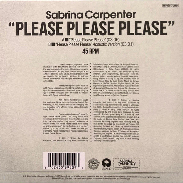Preorder🔥 แผ่นเสียง Vinyl Sabrina Carpenter - Please Please Please ไวนิล LP  [ใหม่และซีล SS]